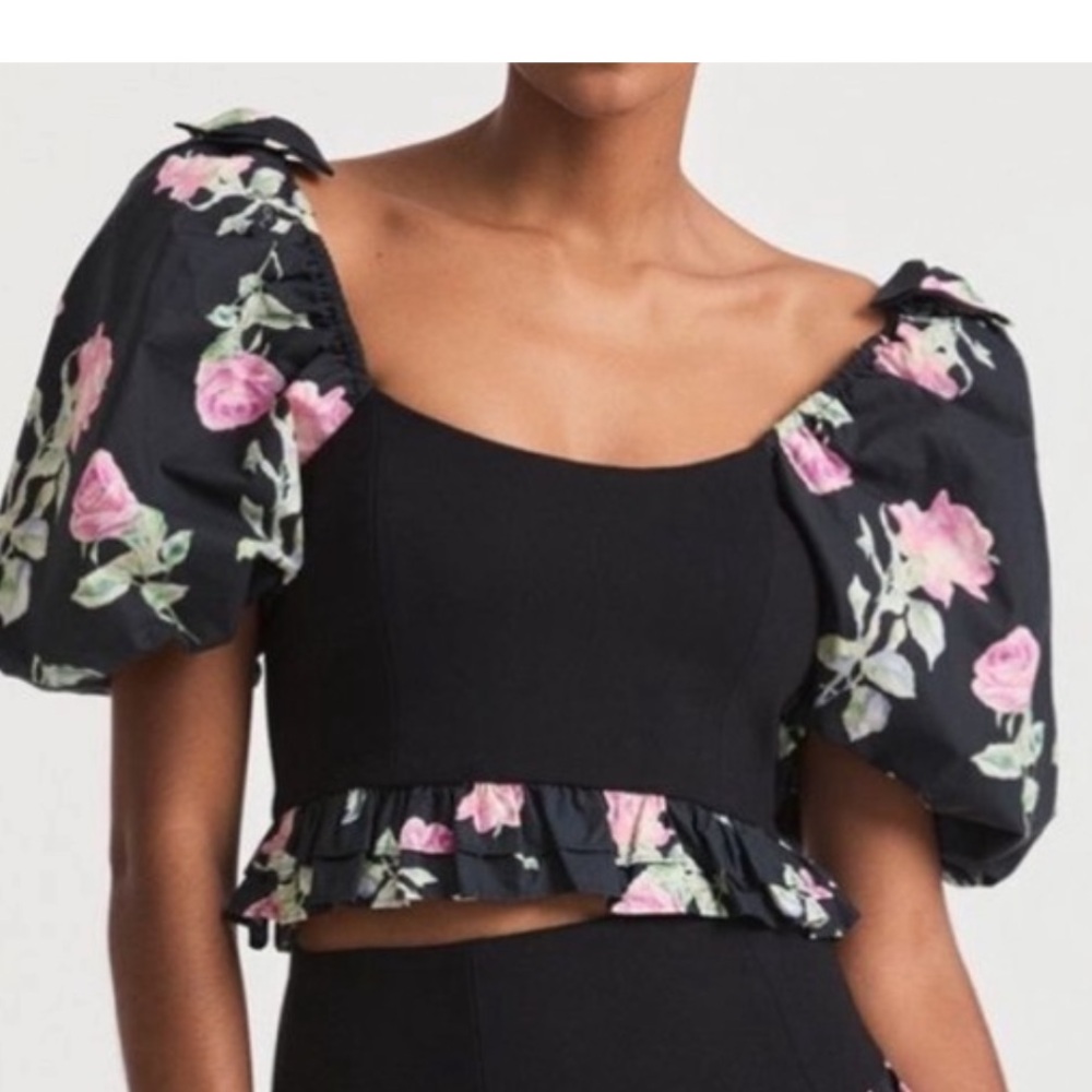 LoveShackFancy Black Spirit Crop size MED  puff sleeve with bows gold zipper